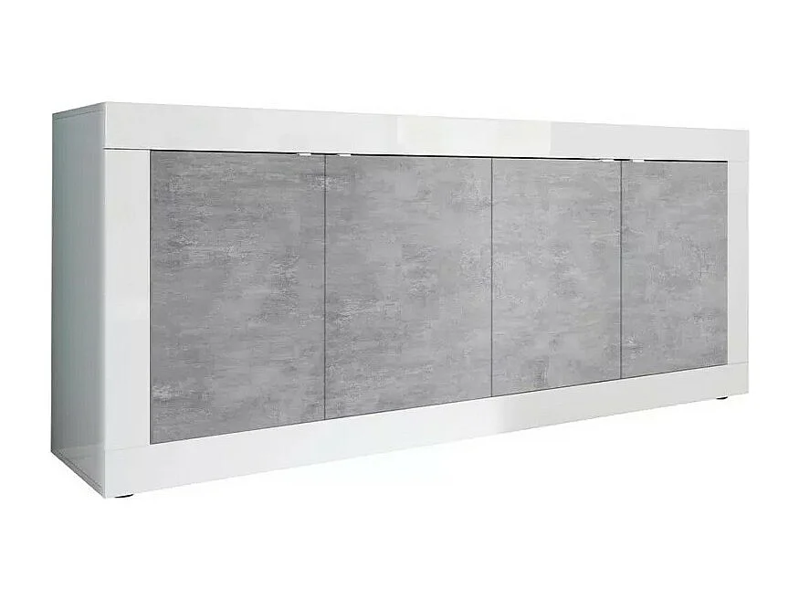 Buffet 4 puertas, colección ISORA, blanco lacado brillante/roble claro, ideal para salón moderno