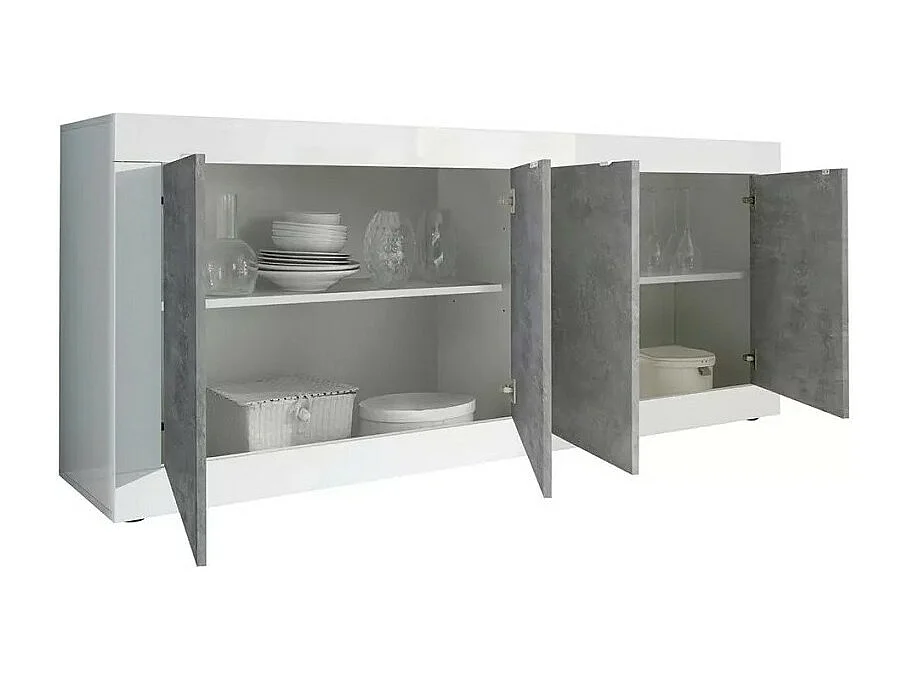 Buffet 4 puertas, colección ISORA, blanco lacado brillante/roble claro, ideal para salón moderno