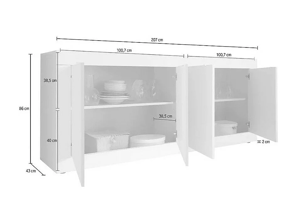 Buffet 4 puertas, colección ISORA, blanco lacado brillante/roble claro, ideal para salón moderno
