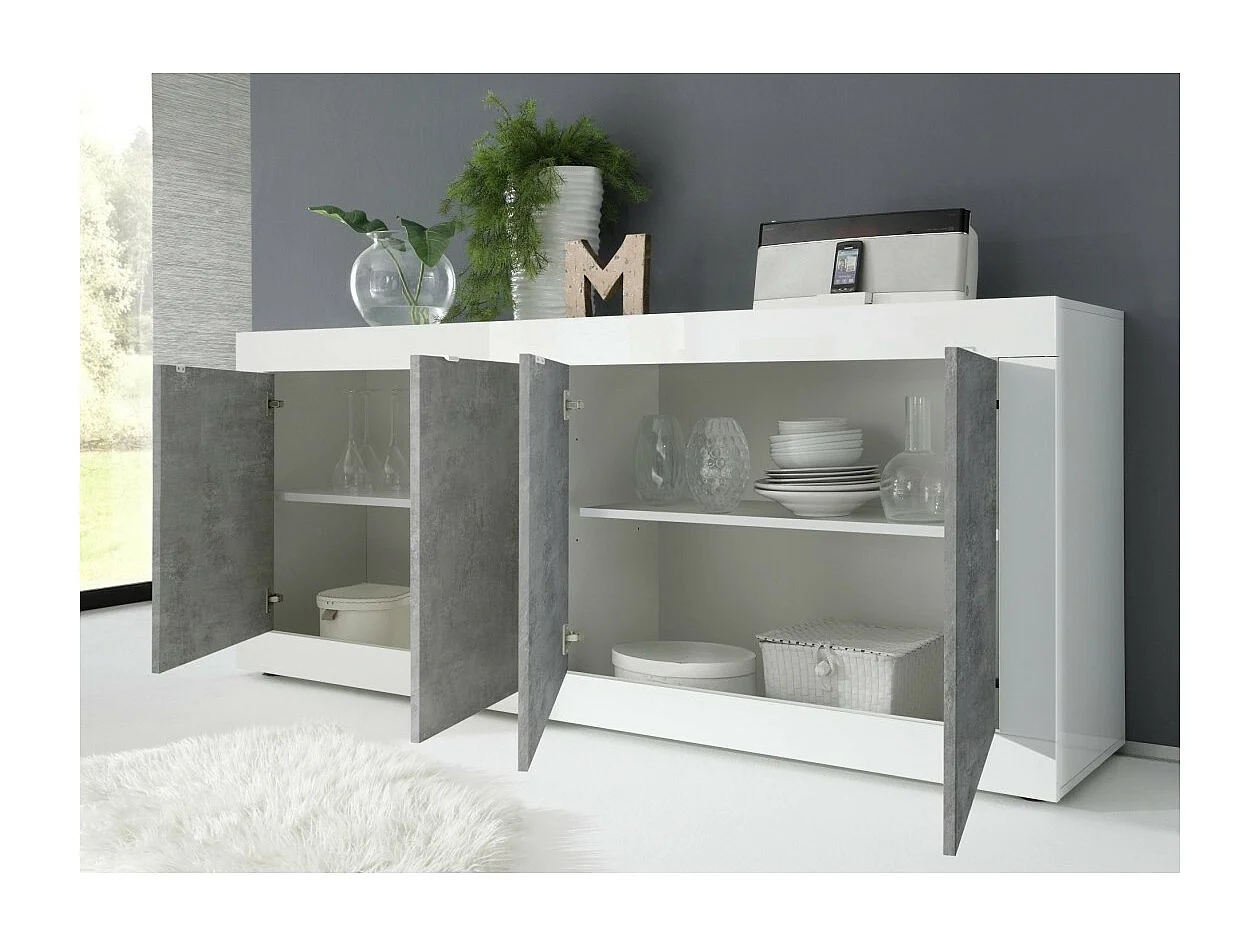 Buffet 4 puertas, colección ISORA, blanco lacado brillante/roble claro, ideal para salón moderno