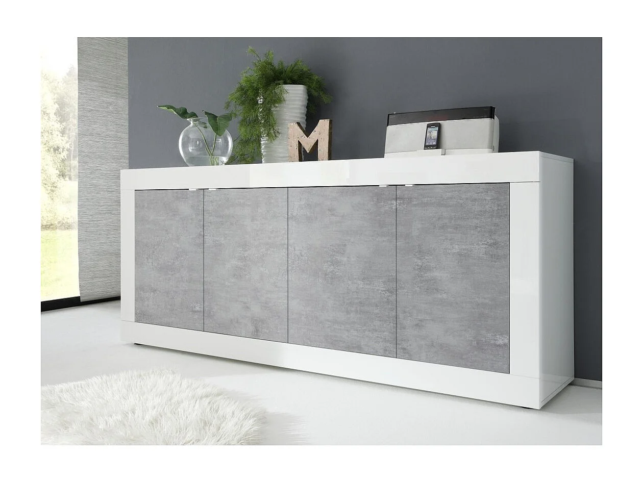 Buffet met 4 deuren, collectie CISA, glanzend wit gelakt/licht eiken, ideaal voor een moderne woonkamer