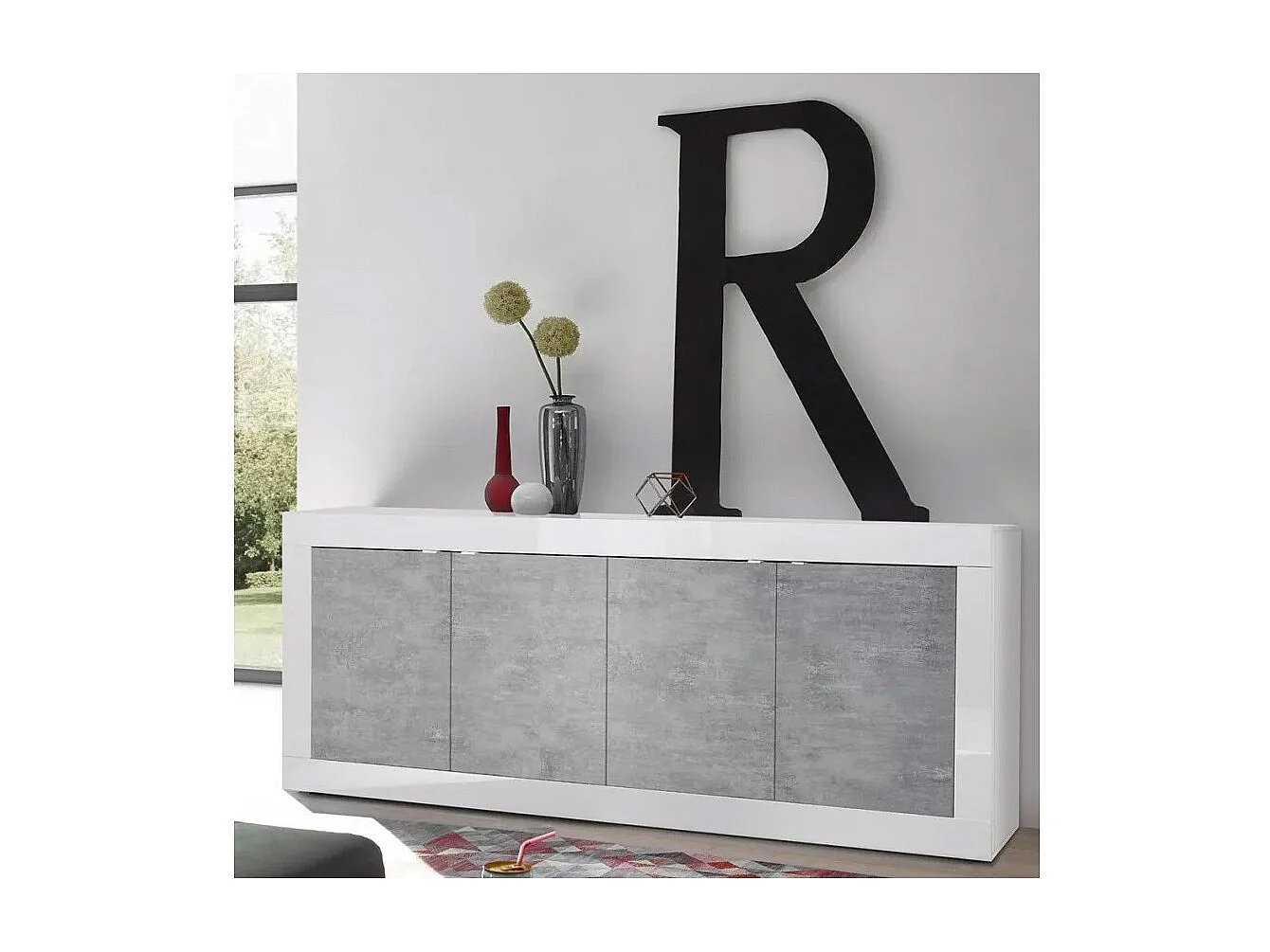 Buffet met 4 deuren, collectie CISA, glanzend wit gelakt/licht eiken, ideaal voor een moderne woonkamer