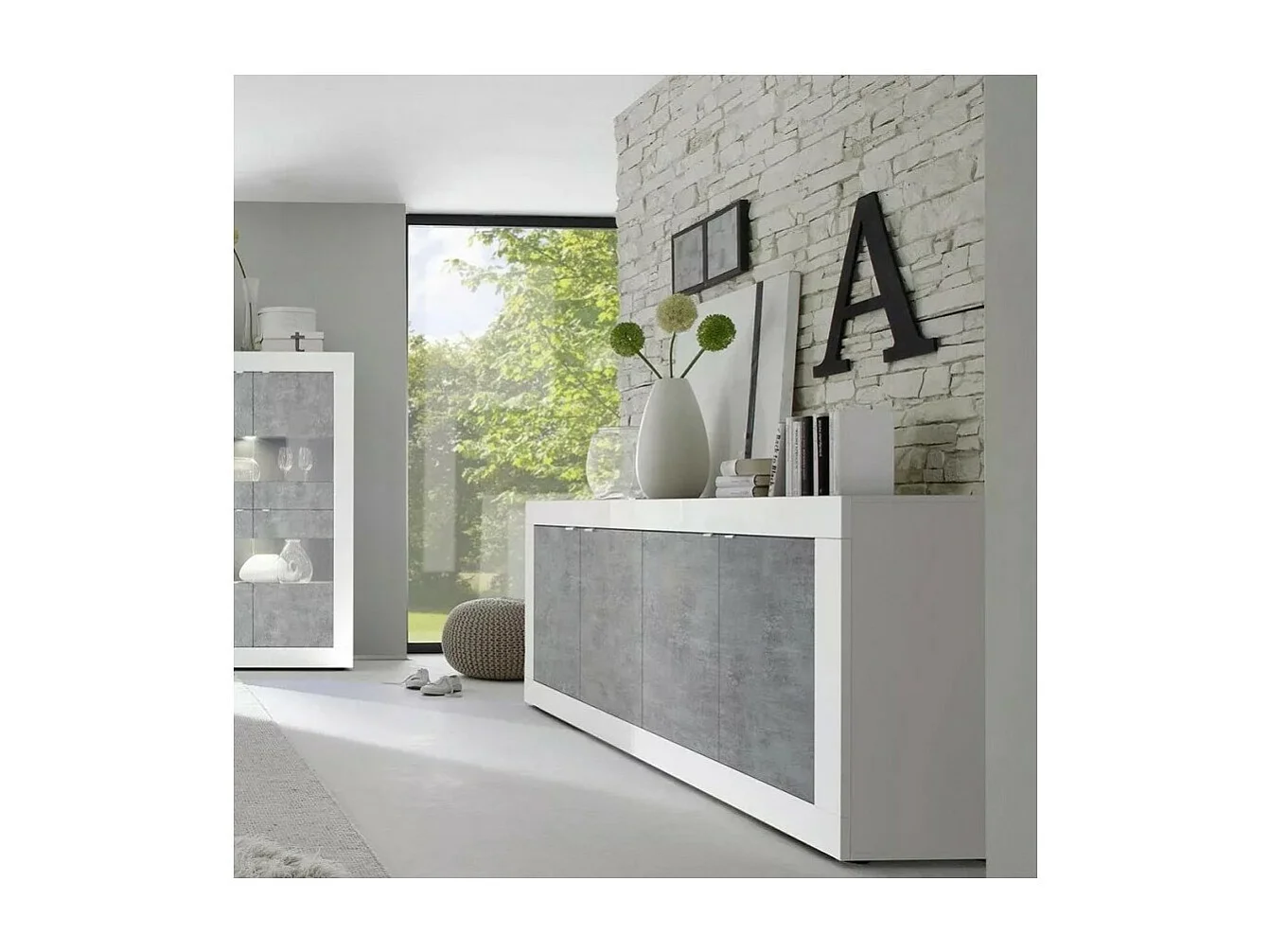 Buffet met 4 deuren, collectie CISA, glanzend wit gelakt/licht eiken, ideaal voor een moderne woonkamer