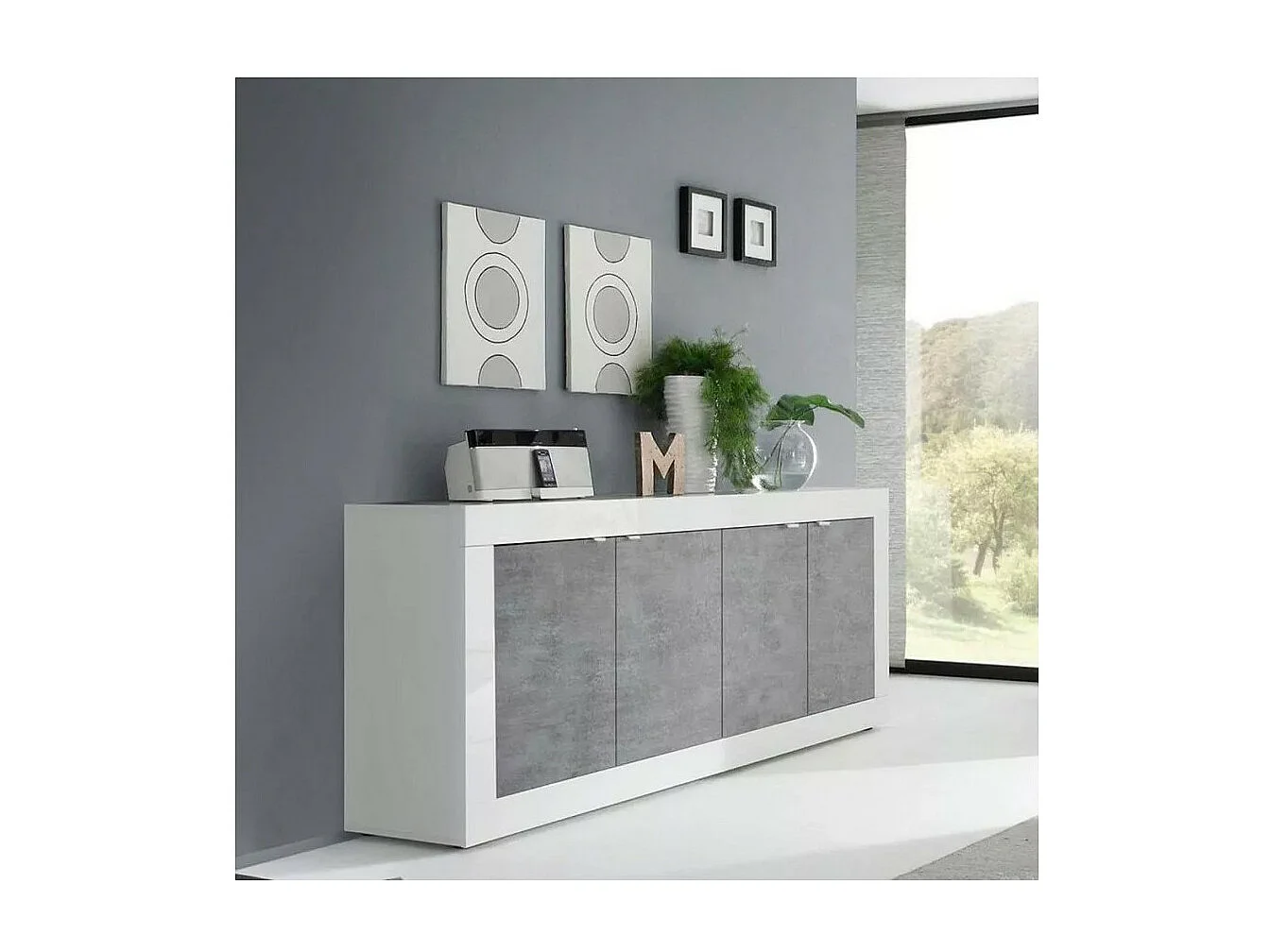 Buffet met 4 deuren, collectie CISA, glanzend wit gelakt/licht eiken, ideaal voor een moderne woonkamer