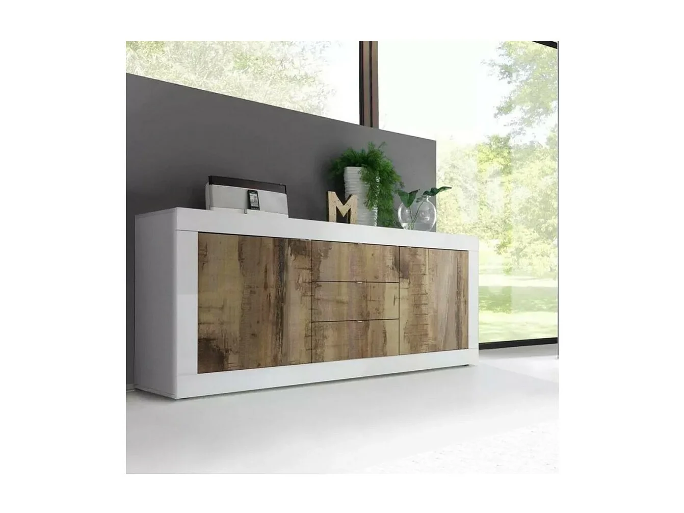 Buffet 2 portes et 3 tiroirs, collection ISORA, coloris blanc et chêne clair