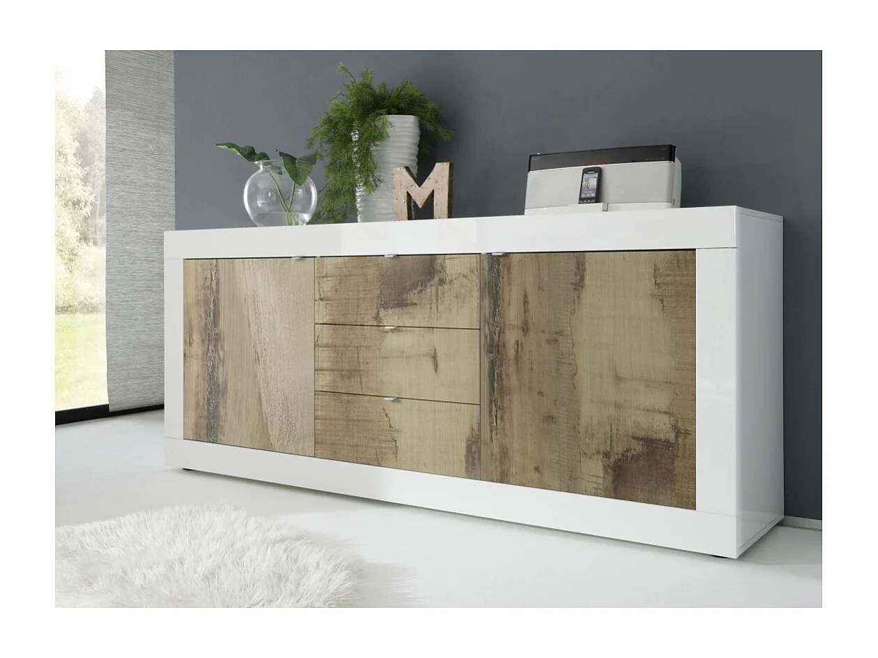 Buffet met 2 deuren en 3 laden, collectie CISA, in wit en licht eiken kleur.