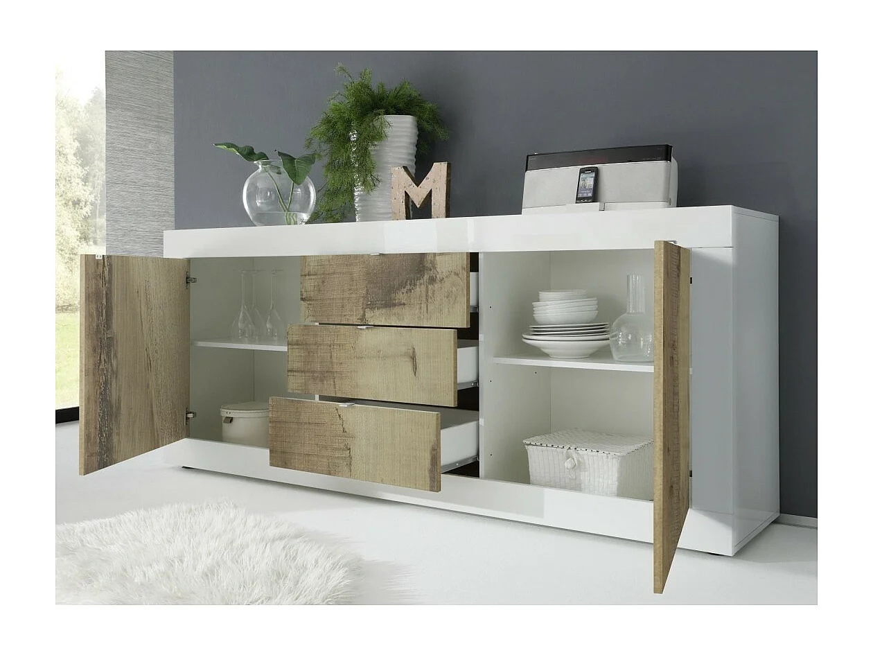 Buffet met 2 deuren en 3 laden, collectie CISA, in wit en licht eiken kleur.
