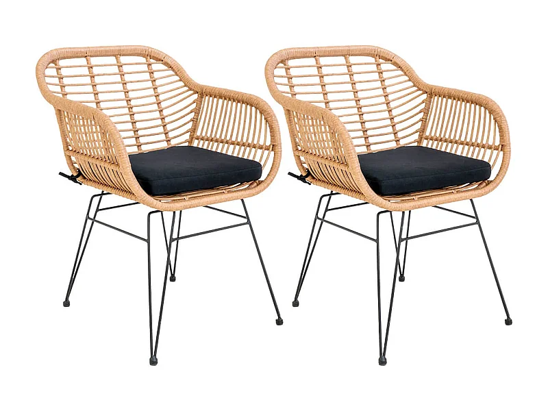 PILA - Lot de 2 Fauteuils Rotin Synthétique Naturel et Pieds Acier