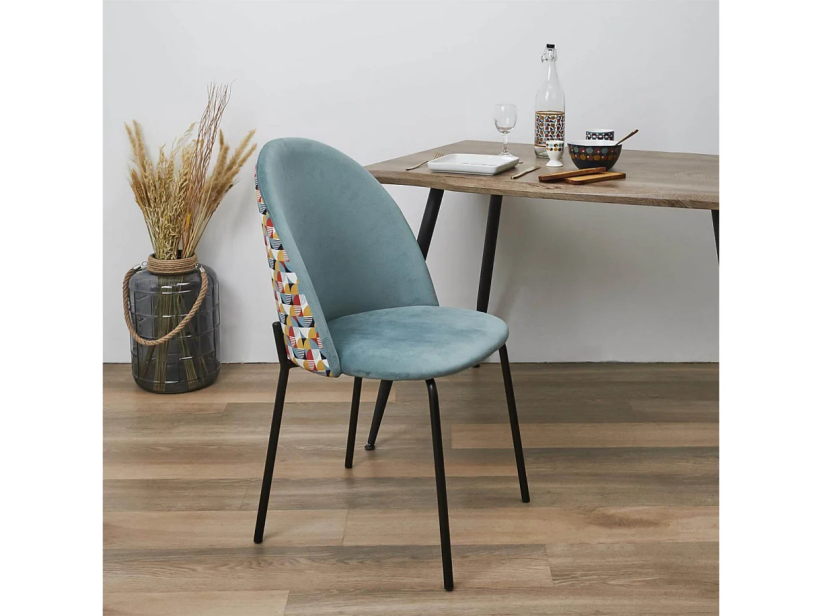 BIBBO - Lot de 2 Chaises Velours Bleu Céladon Motif Rétro