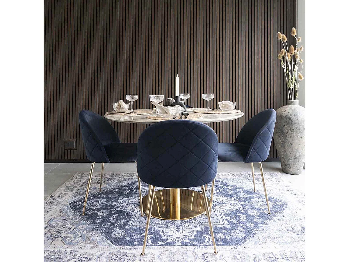 MEYRIN - Lot de 4 Chaises Velours Bleu et Pieds Métal Doré