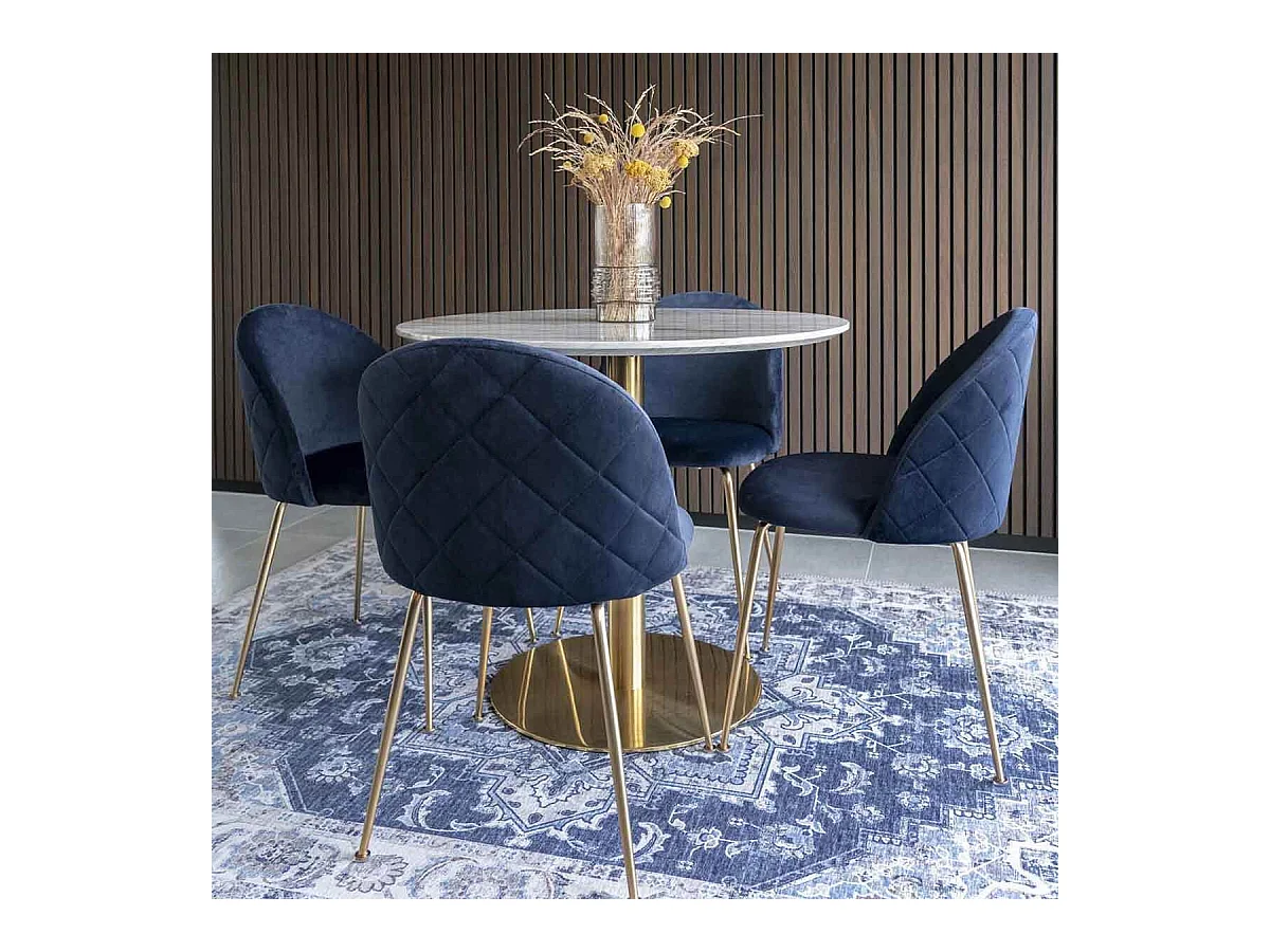 MEYRIN - Lot de 4 Chaises Velours Bleu et Pieds Métal Doré