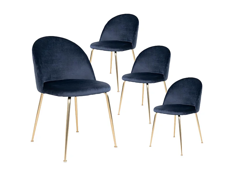 MEYRIN - Lot de 4 Chaises Velours Bleu et Pieds Métal Doré
