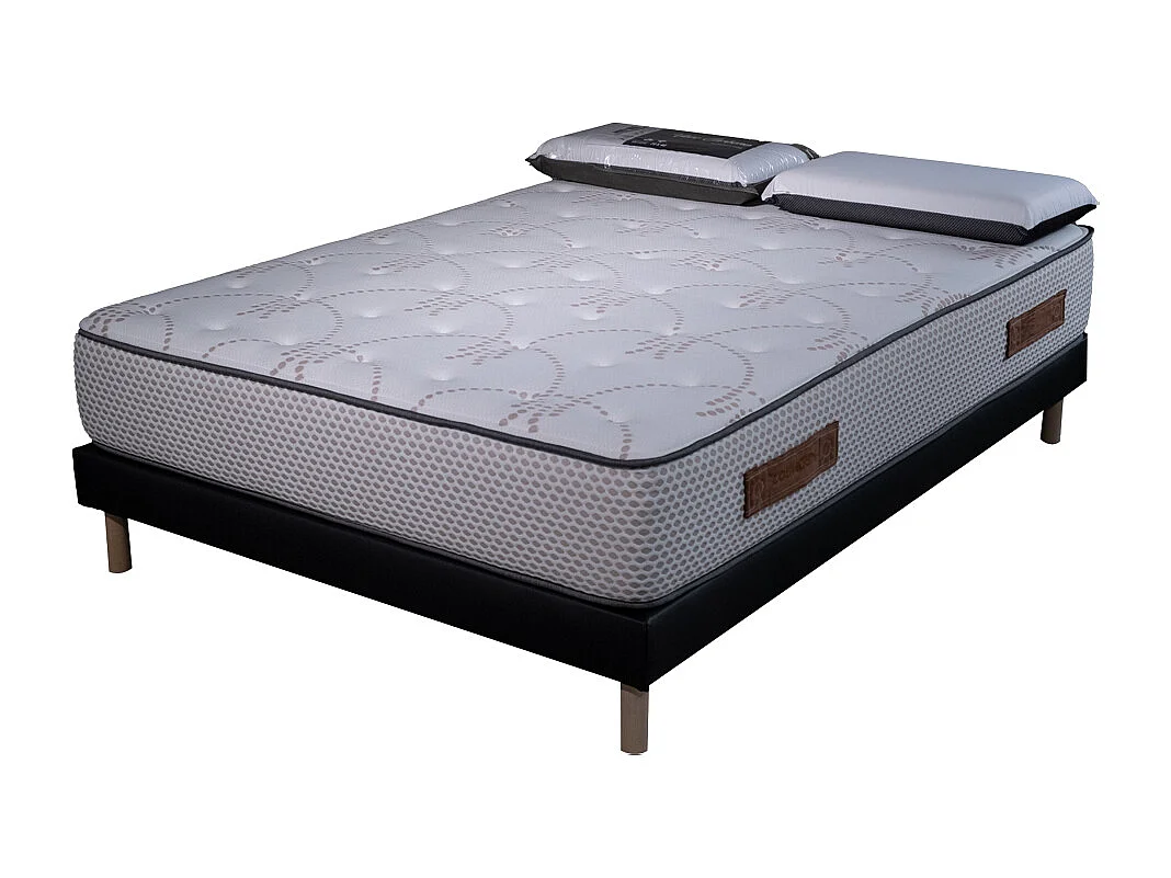 Ensemble Matelas mousse Cosmos White accueil mémoire - 140x190 - 2 Oreillers 70x40 et Sommier noir