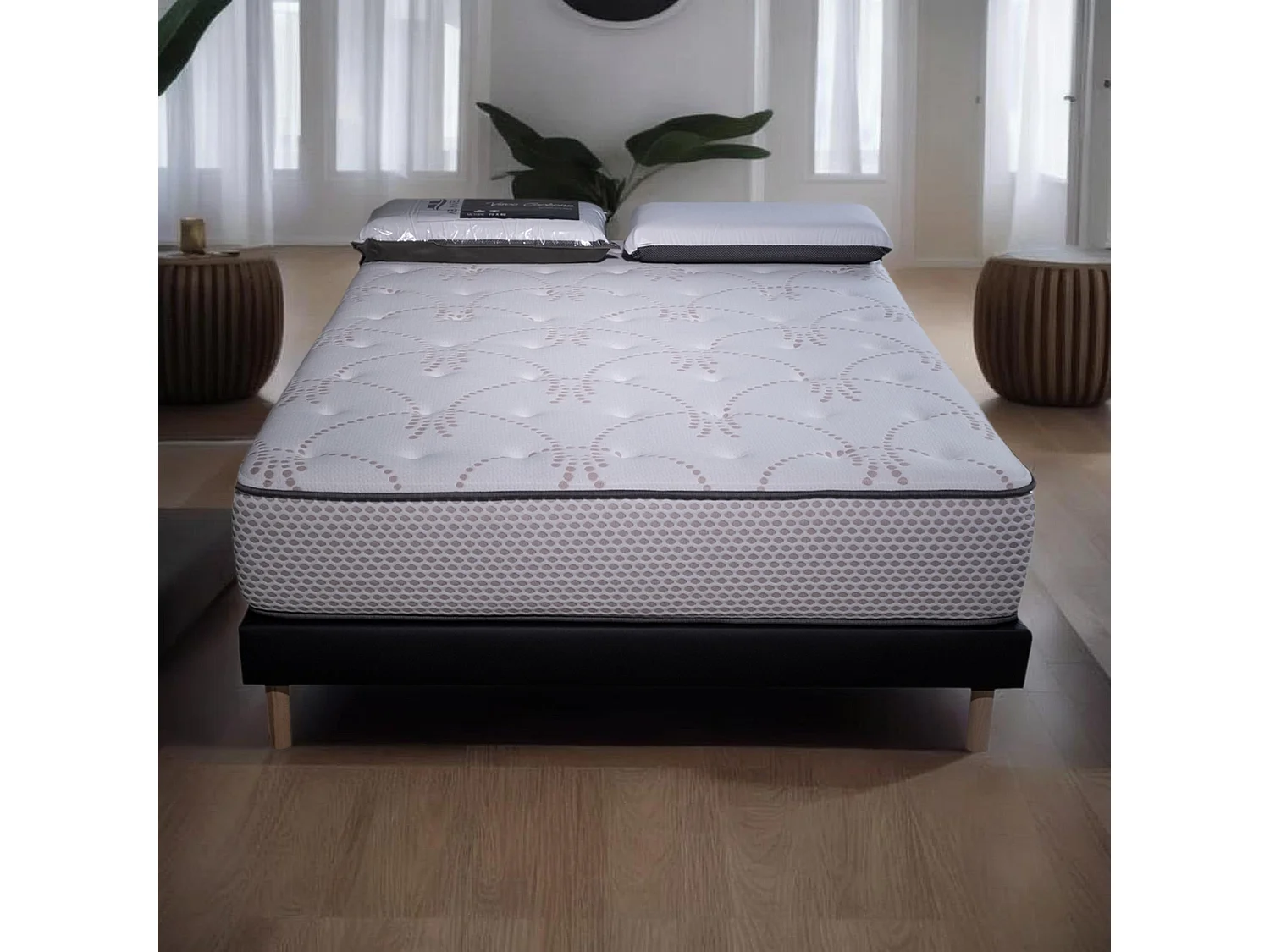 Ensemble Matelas mousse Cosmos White accueil mémoire - 140x190 - 2 Oreillers 70x40 et Sommier noir