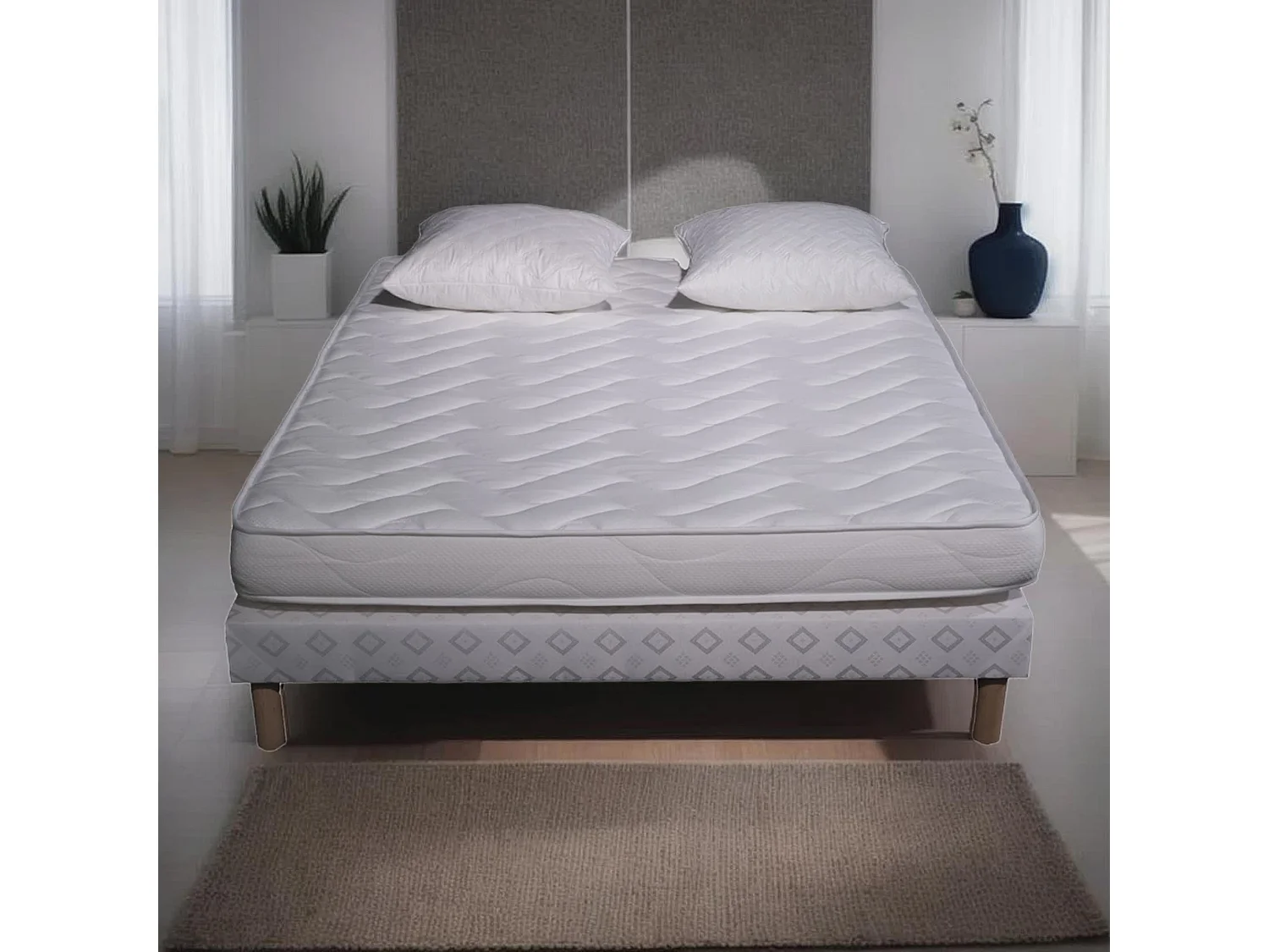 Ensemble Matelas mousse ECO - 160x200 et 2 Oreillers 50x70 - mousse et Sommier blanc