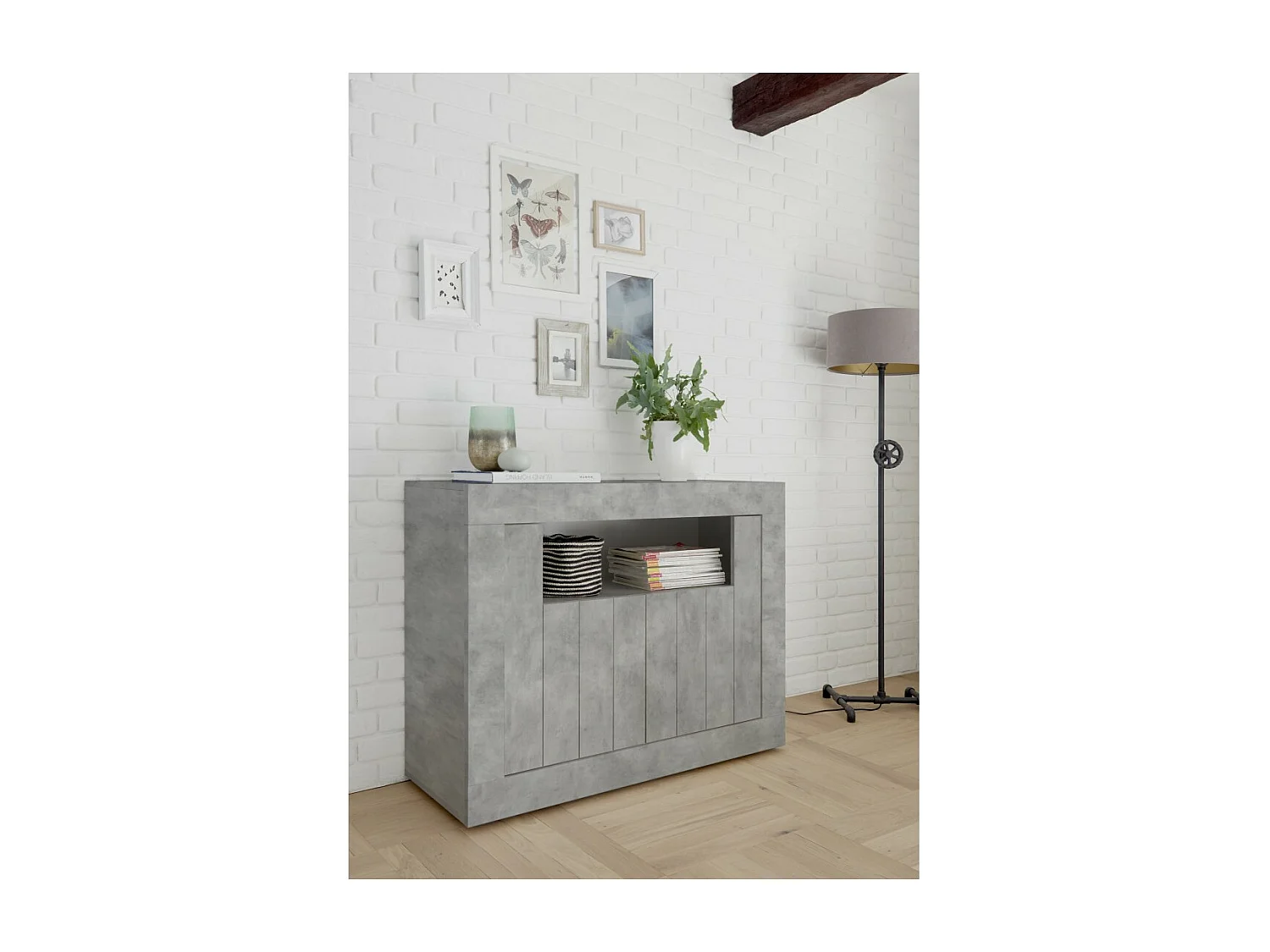 Buffet 2 portes battantes en bois, couleur béton, collection URBAN