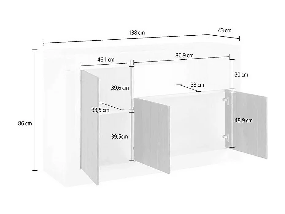 Buffet a 3 ante battenti in legno, colore cemento, collezione URBAN