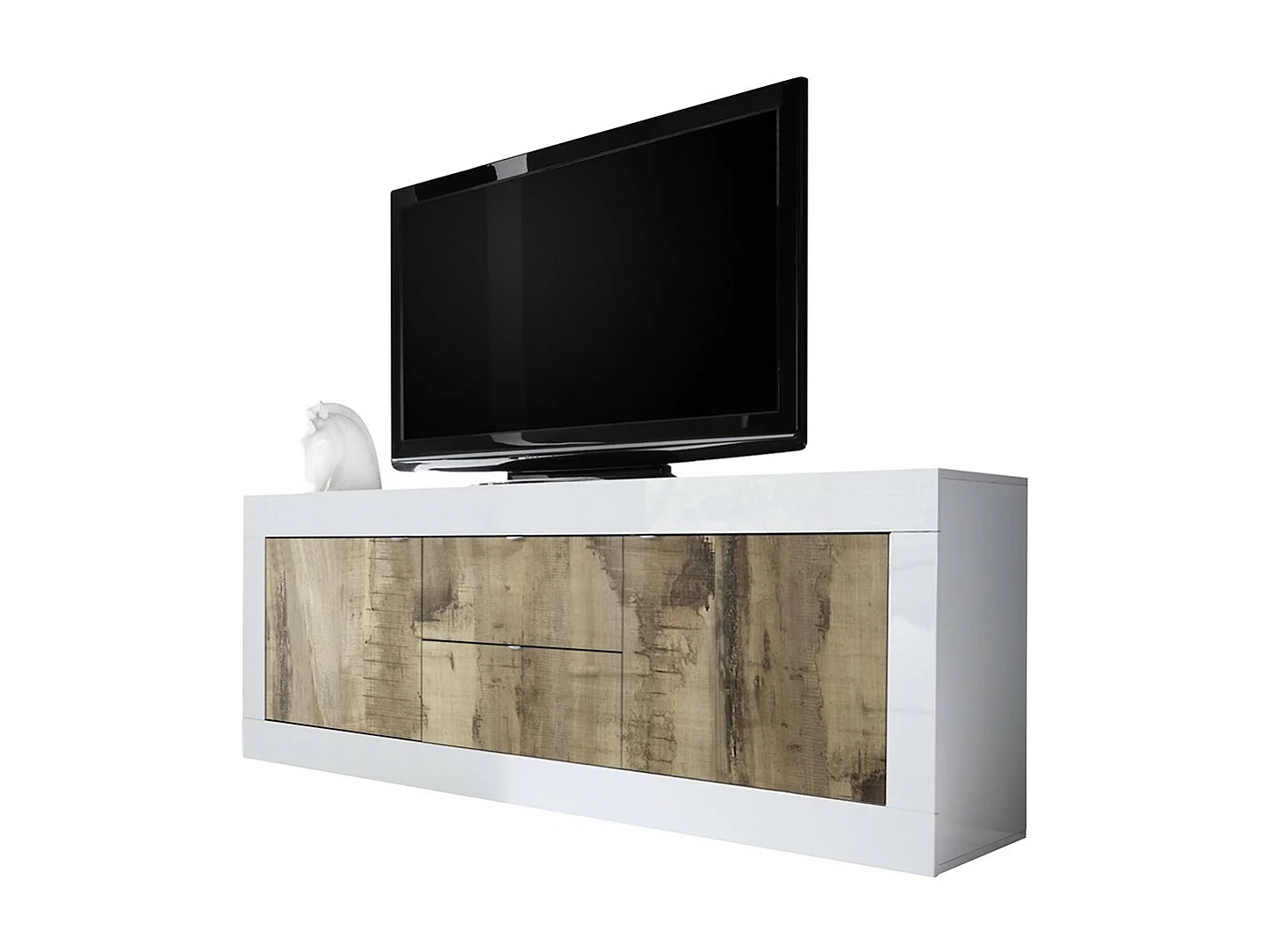 Buffet met 2 deuren en 2 lades, collectie CISA, in glanzend wit lak en licht eiken kleur.