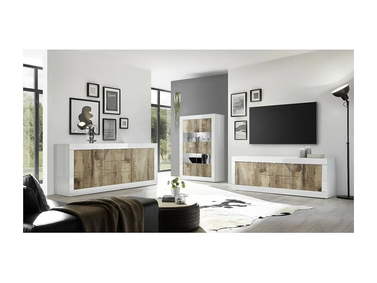 Buffet met 2 deuren en 2 lades, collectie CISA, in glanzend wit lak en licht eiken kleur.