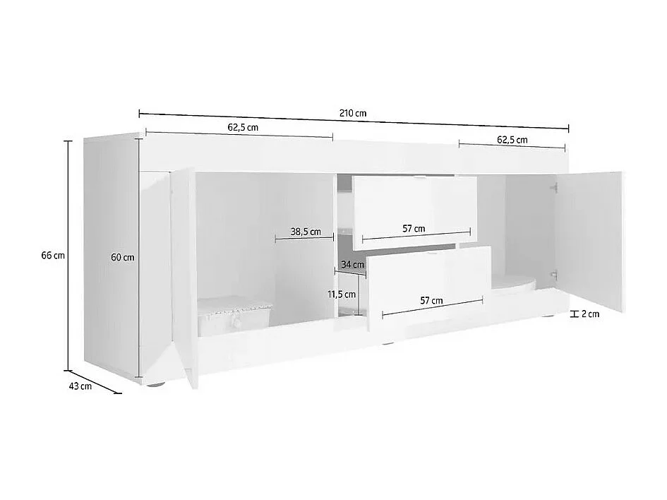 Buffet met 2 deuren en 2 lades, collectie CISA, in glanzend wit lak en licht eiken kleur.