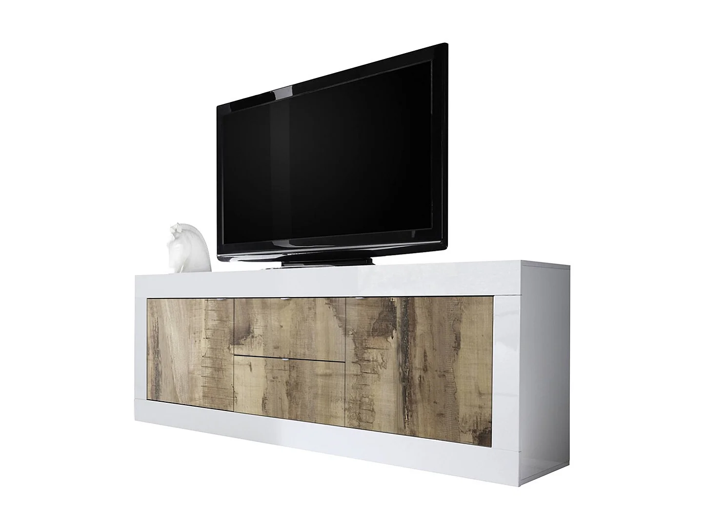 Buffet 2 portes et 2 tiroirs, collection ISORA, coloris blanc laqué brillant et chêne clair