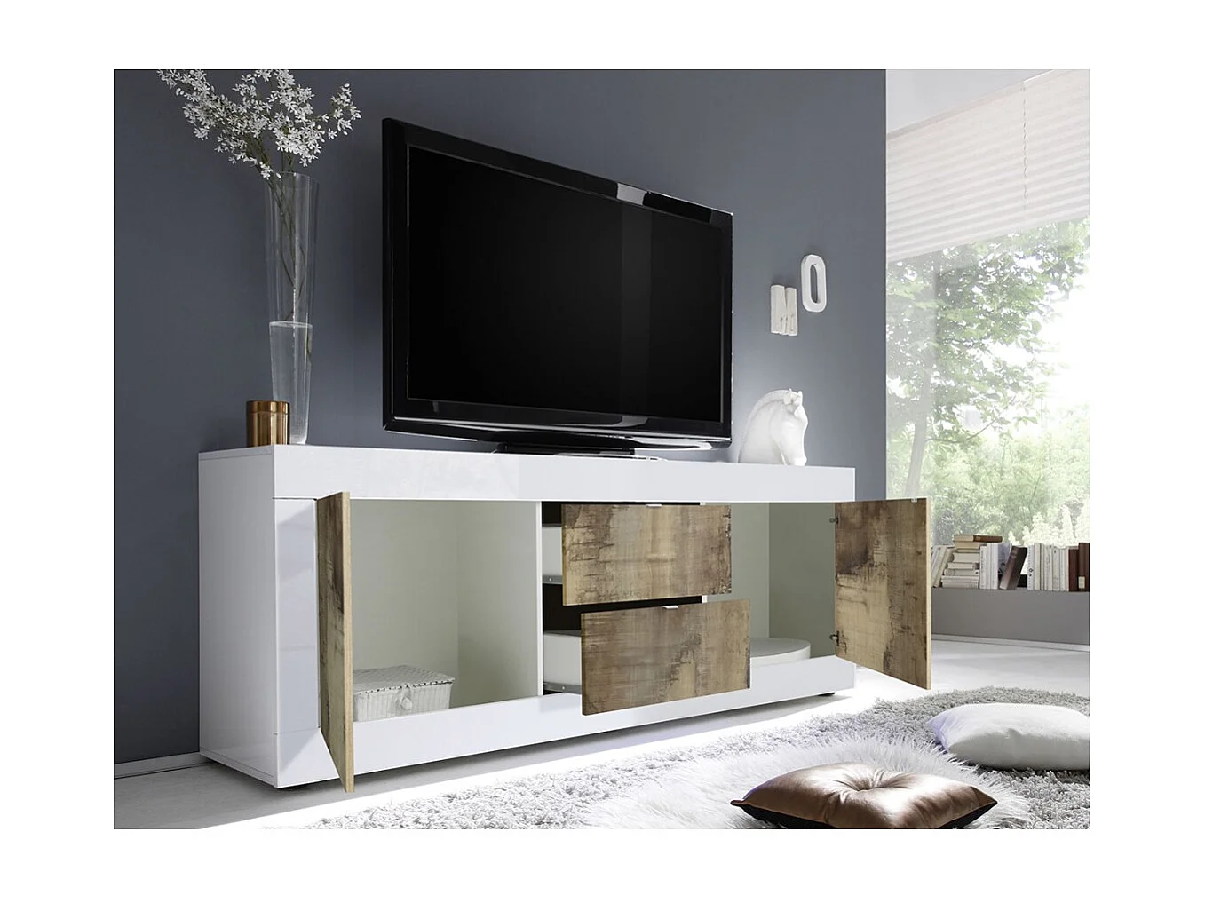 Buffet 2 portes et 2 tiroirs, collection ISORA, coloris blanc laqué brillant et chêne clair