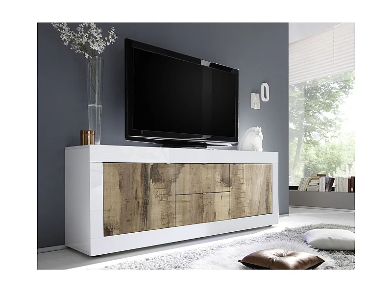 Buffet 2 portes et 2 tiroirs, collection ISORA, coloris blanc laqué brillant et chêne clair