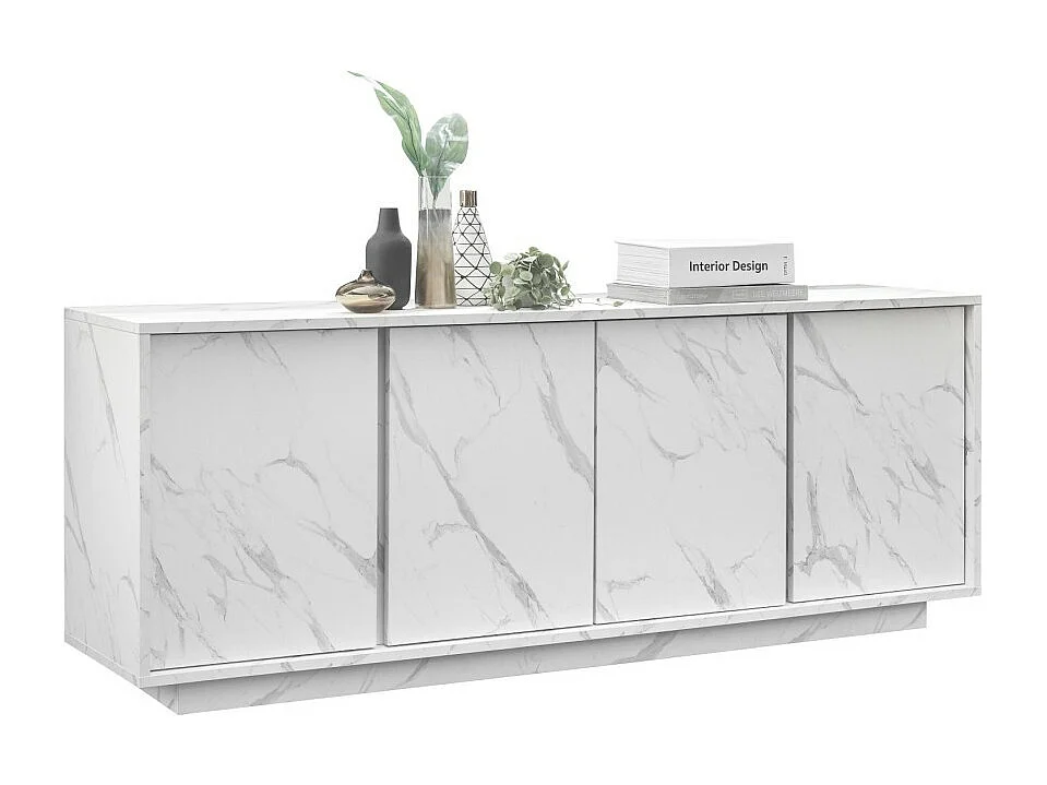 Buffet 4 portes, collection COLOMARMO, coloris blanc effet marbre, idéal pour un salon ou une salle à manger design