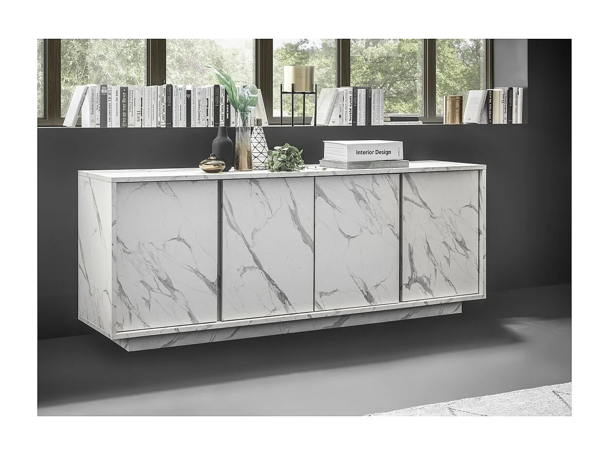 Buffet 4 portes, collection COLOMARMO, coloris blanc effet marbre, idéal pour un salon ou une salle à manger design