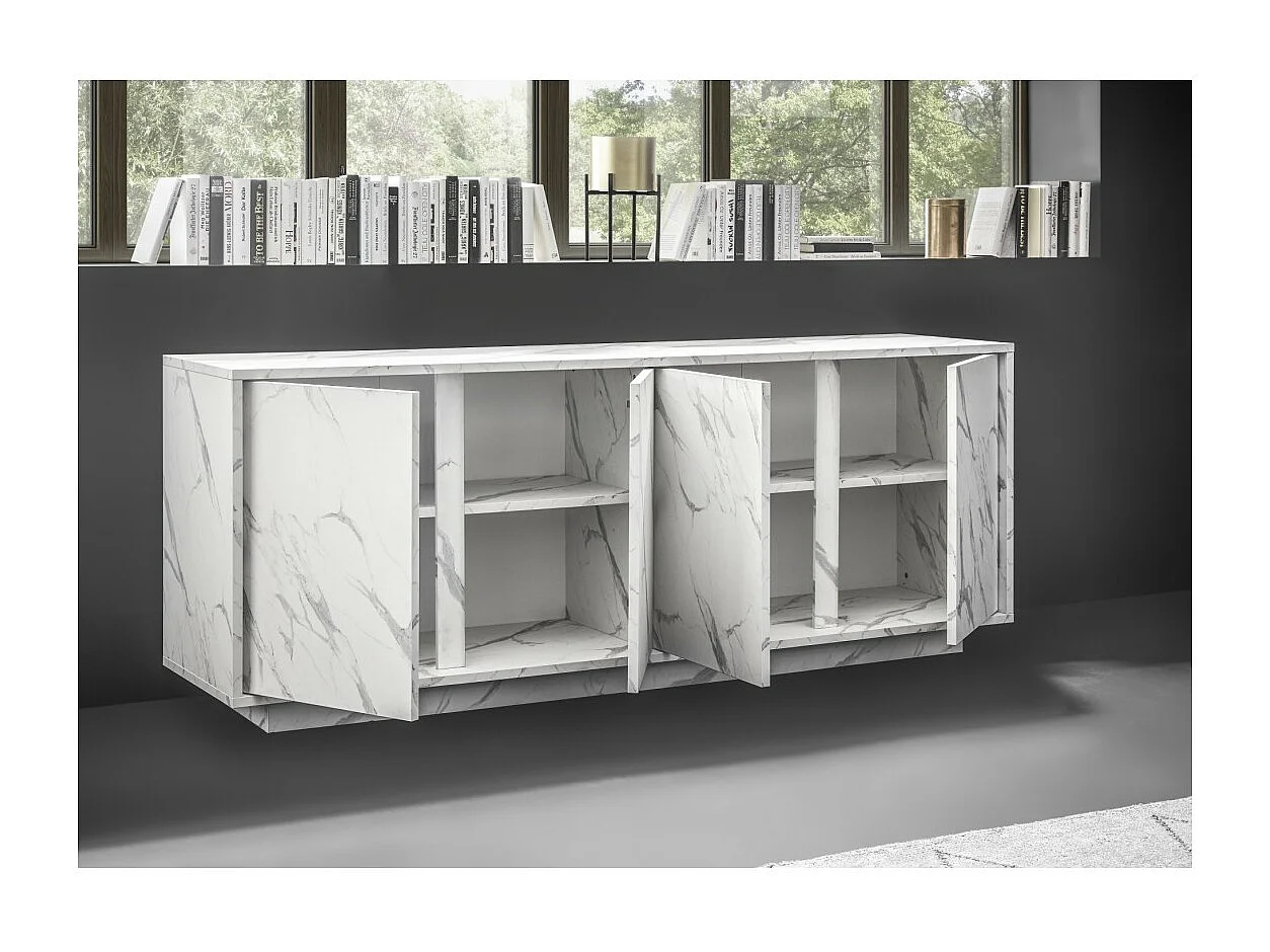 Buffet 4 portes, collection COLOMARMO, coloris blanc effet marbre, idéal pour un salon ou une salle à manger design