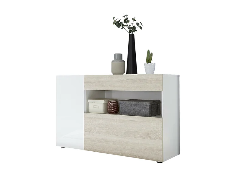 Buffet 1 Schublade und 2 Türen – Kollektion KALO – Weiß & helles Eichenholz – Eleganz und Praktikabilität