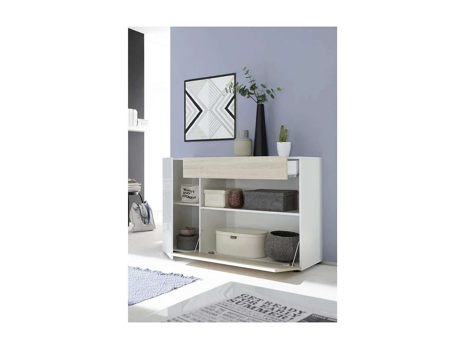 Buffet 1 gaveta e 2 portas, coleção KALO, cores branco e carvalho claro, ideal para sua sala de estar.