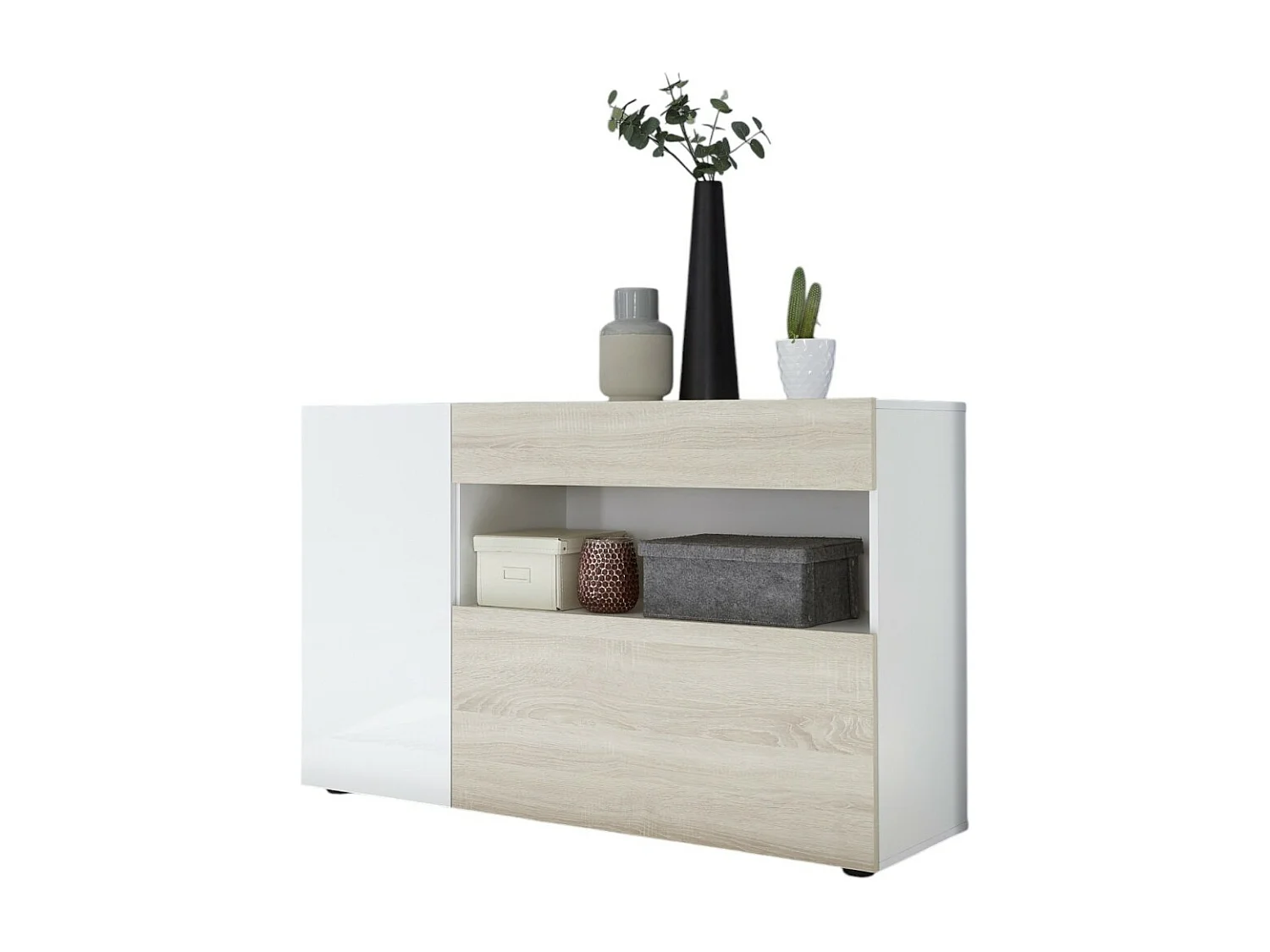 Buffet 1 gaveta e 2 portas, coleção KALO, cores branco e carvalho claro, ideal para sua sala de estar.