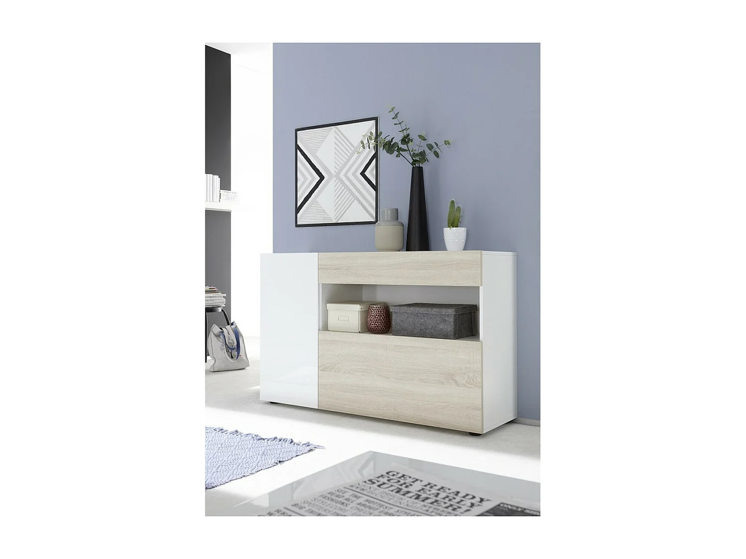 Buffet 1 gaveta e 2 portas, coleção KALO, cores branco e carvalho claro, ideal para sua sala de estar.