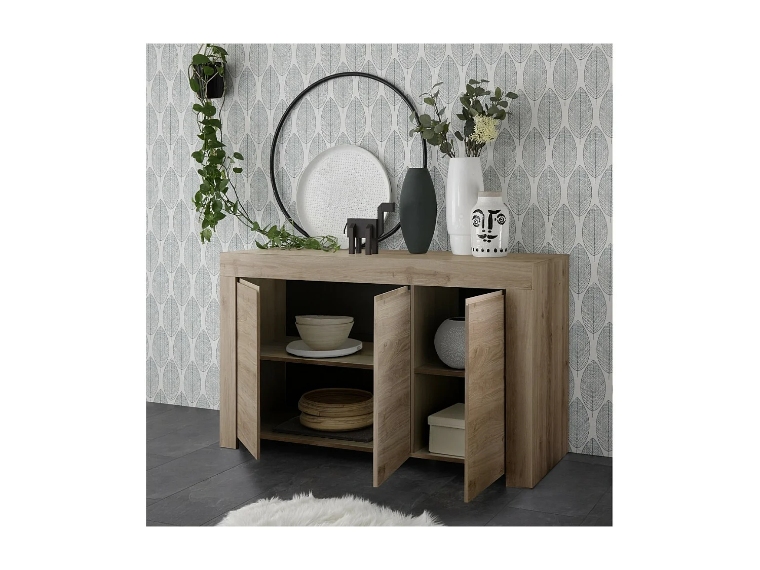 Buffet de 3 puertas, colección ZEFIR, color roble claro, perfecto para su salón.