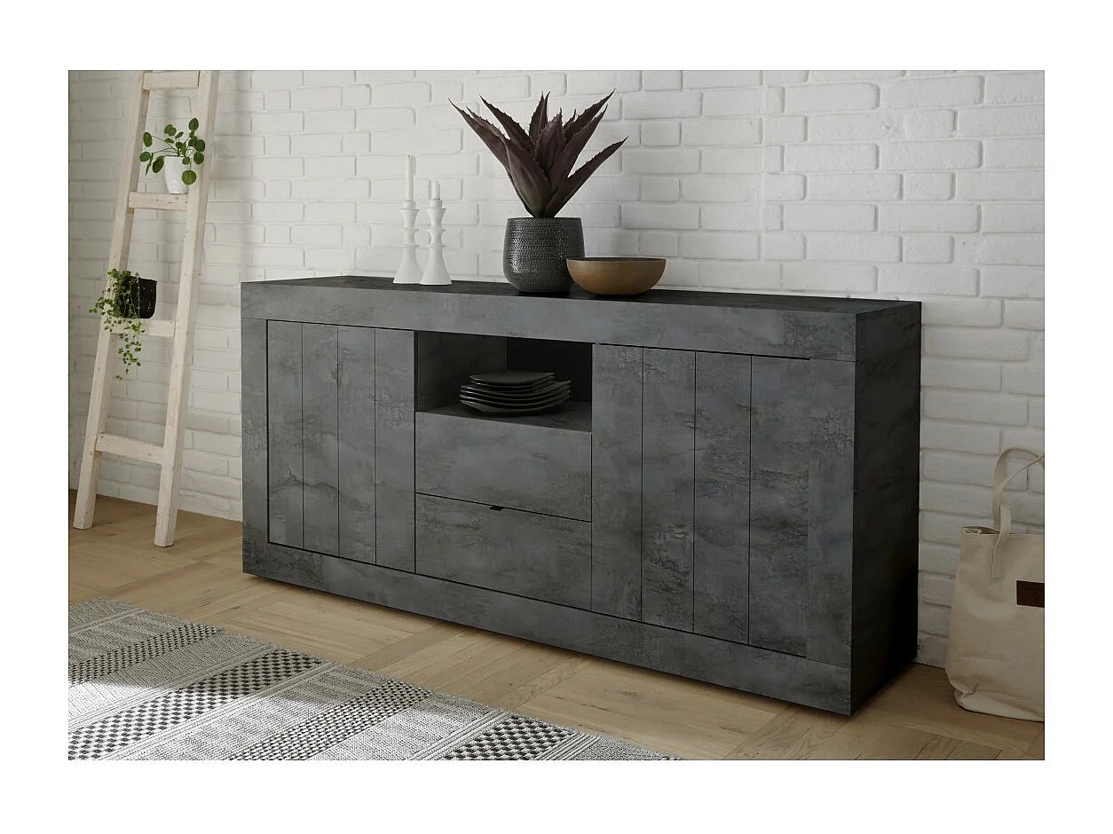 Buffet 2 portes battantes 2 tiroirs en bois, coloris gris foncé, collection URBAN
