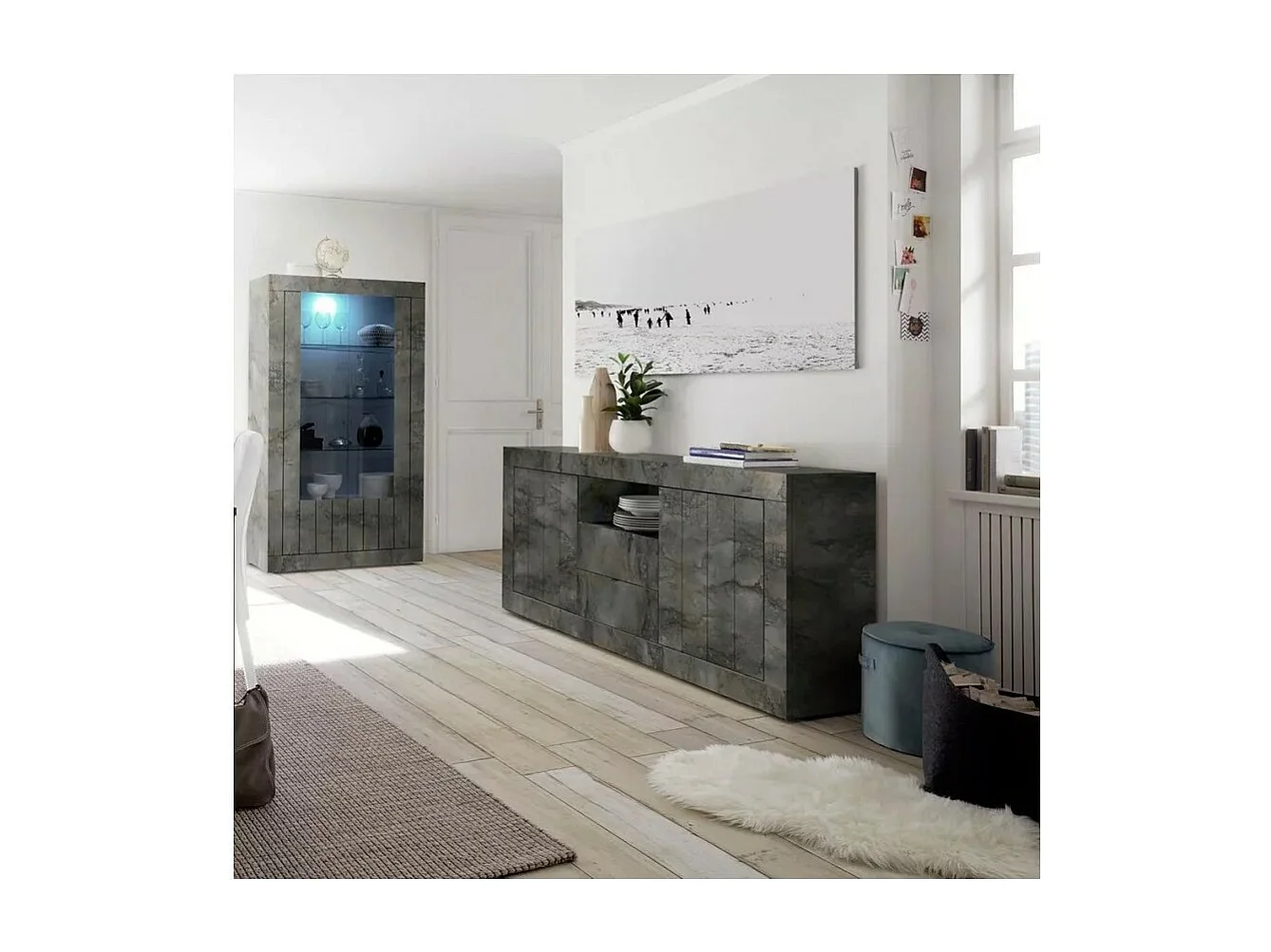 Buffet 2 portes battantes 2 tiroirs en bois, coloris gris foncé, collection URBAN