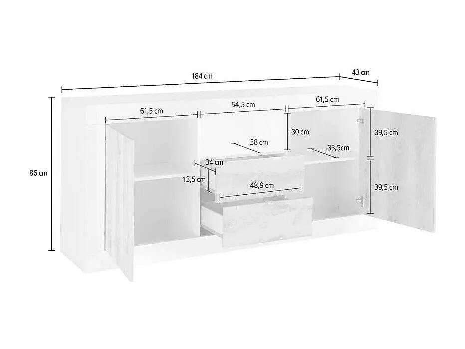 Buffet 2 portes battantes 2 tiroirs en bois, coloris gris foncé, collection URBAN