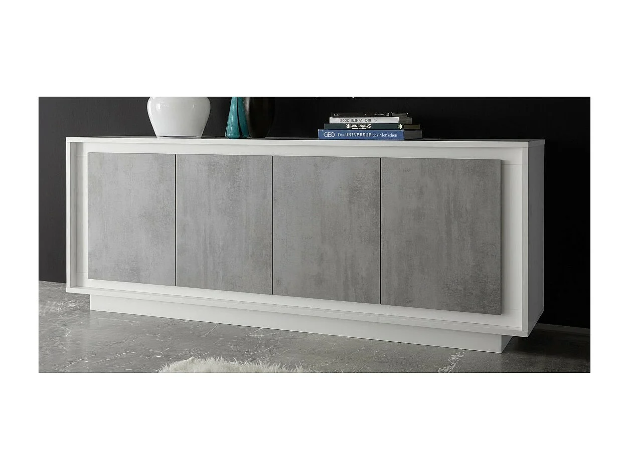 Credenza 4 porte in legno, collezione FALL, colore bianco lucido laccato e grigio effetto cemento.