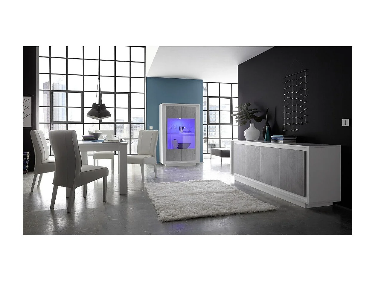 Credenza 4 porte in legno, collezione FALL, colore bianco lucido laccato e grigio effetto cemento.
