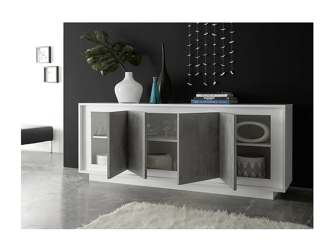 Credenza 4 porte in legno, collezione FALL, colore bianco lucido laccato e grigio effetto cemento.