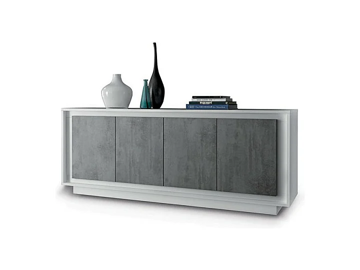 Buffet 4 portes en bois, collection FALL, coloris blanc brillant laqué et gris aspect béton