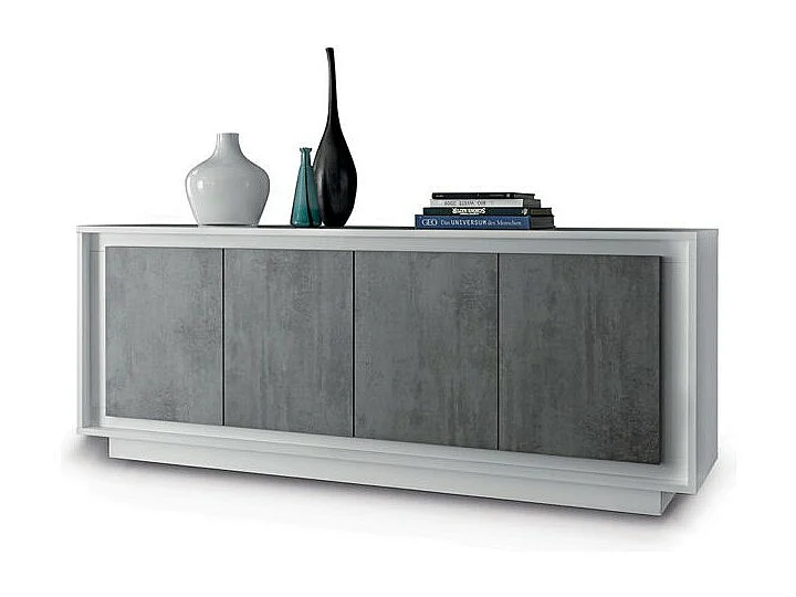 Buffet 4 portas em madeira, coleção FALL, cores branco brilhante laqueado e cinza com aparência de concreto.