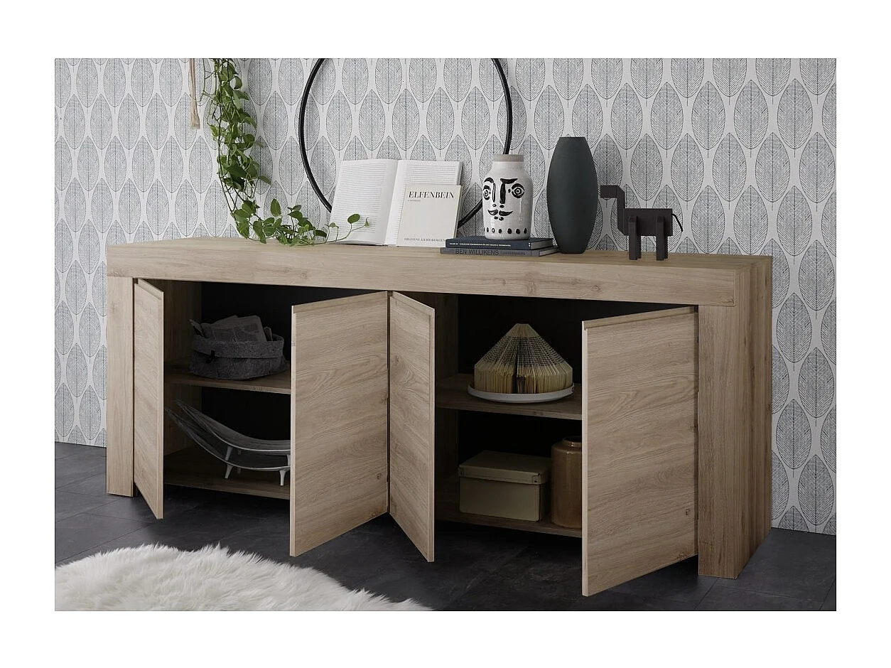 Buffet 4 portes en bois, collection ZEFIR, coloris chêne clair, parfait pour votre salon