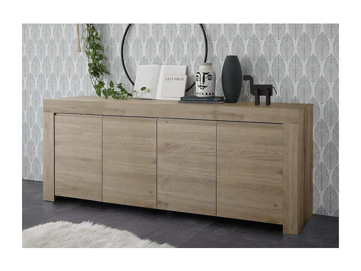 Buffet 4 portes en bois, collection ZEFIR, coloris chêne clair, parfait pour votre salon