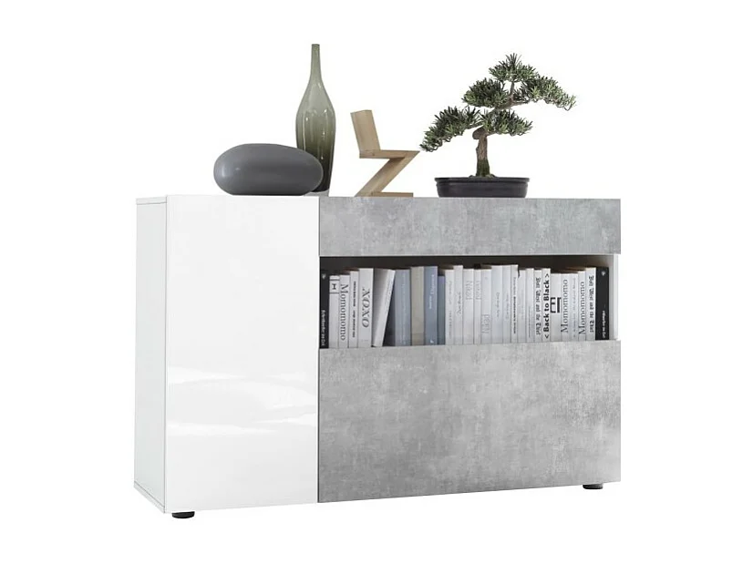 Buffet 1 gaveta e 2 portas, coleção KALO, cor branca efeito concreto, ideal para a sua sala de estar.