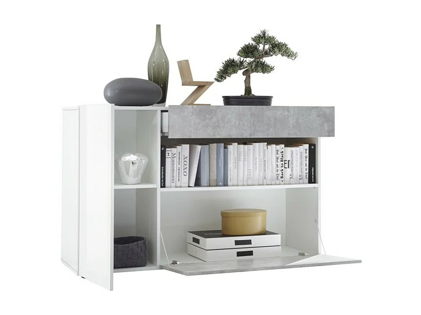 Buffet 1 gaveta e 2 portas, coleção KALO, cor branca efeito concreto, ideal para a sua sala de estar.