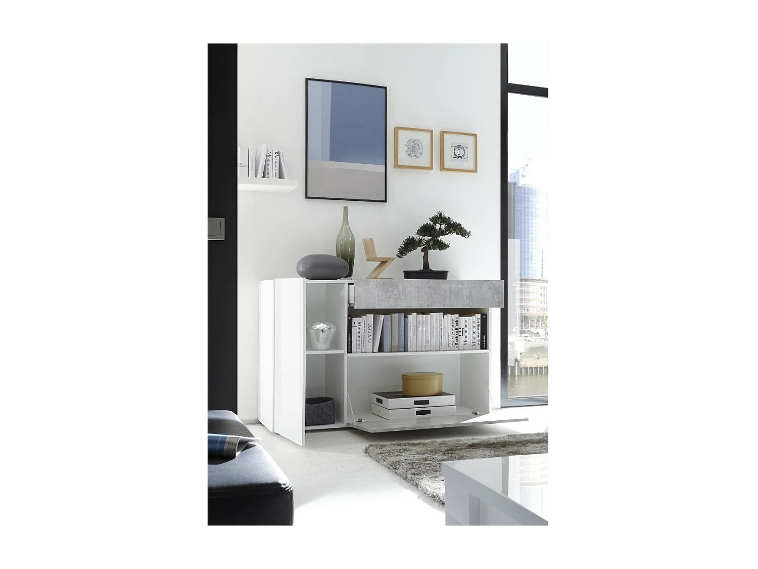 Buffet 1 gaveta e 2 portas, coleção KALO, cor branca efeito concreto, ideal para a sua sala de estar.