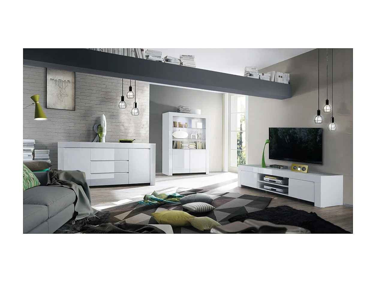 Buffet moyen 2 portes et 3 tiroirs, collection FOLOMI, coloris blanc laqué brillant