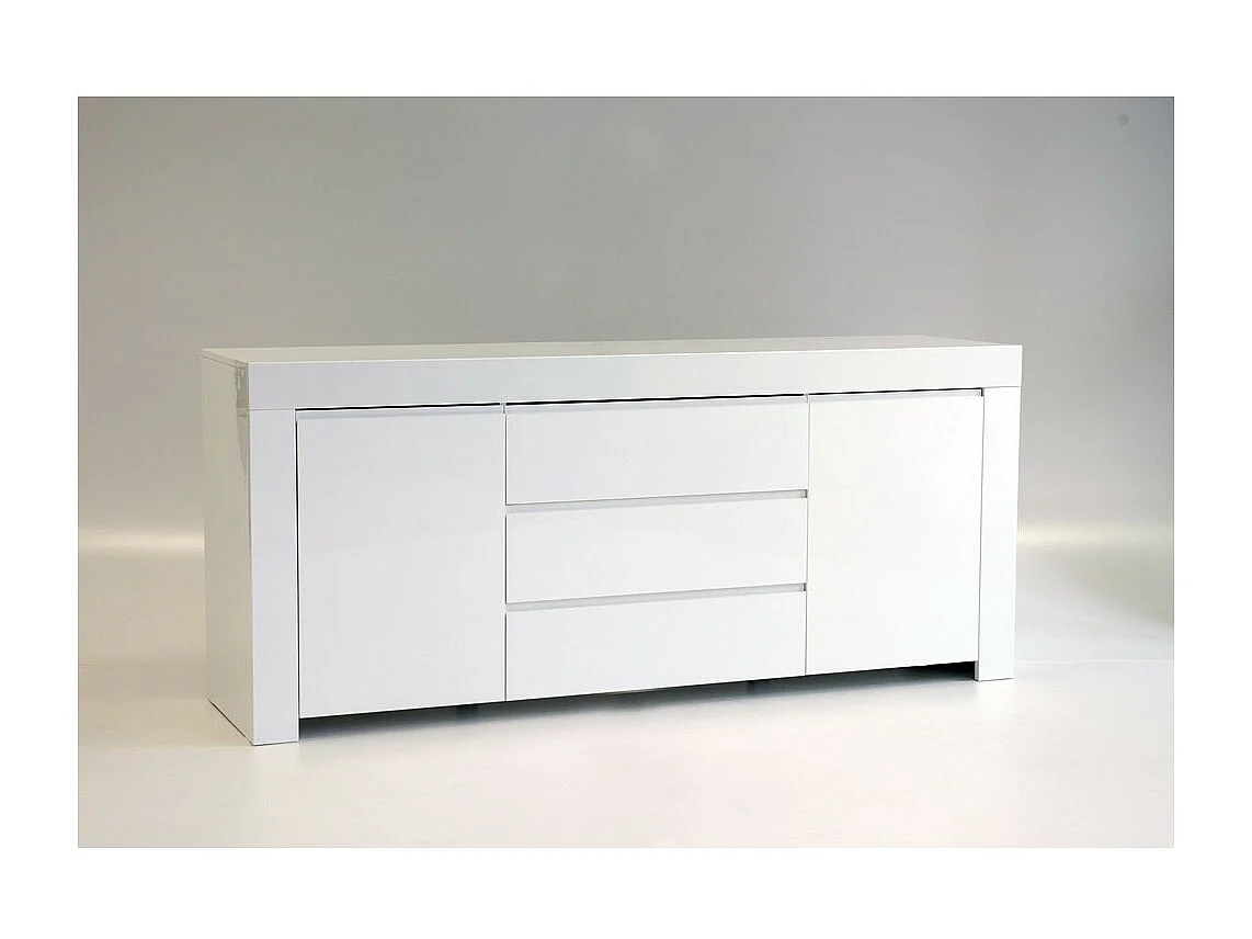 Buffet moyen 2 portes et 3 tiroirs, collection FOLOMI, coloris blanc laqué brillant